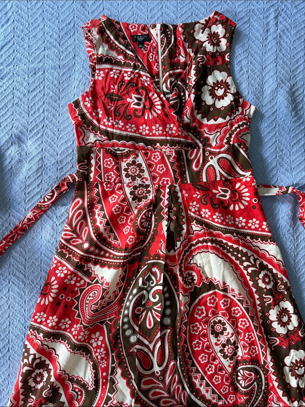 Talbots Red Paisley Wrap Sleeveless Dress Lining V-neck Back Zip closure